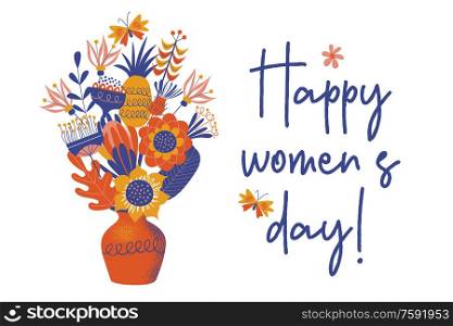 Greeting card, banner for the international women&rsquo;s day on March 8. Bouquets of colorful flowers. Vector illustration on a white background.. Greeting card, banner for the international women&rsquo;s day on March 8. Vector illustration on a white background.