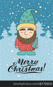 Greeting card. Cartoon gnome with christmas tree. Cute character illustration.. Greeting card. Cartoon gnome with christmas tree. Cute character illustration