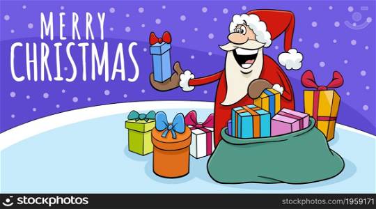 Greeting card cartoon illustration of Santa Claus character giving presents on Christmas time