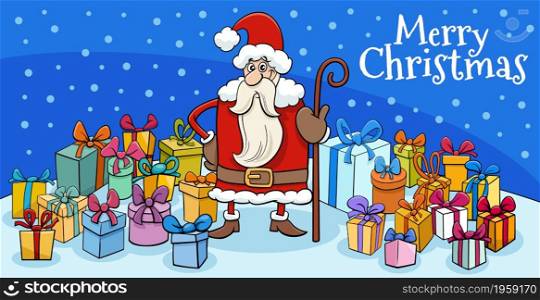 Greeting card cartoon illustration of Santa Claus character with cane and many presents on Christmas time