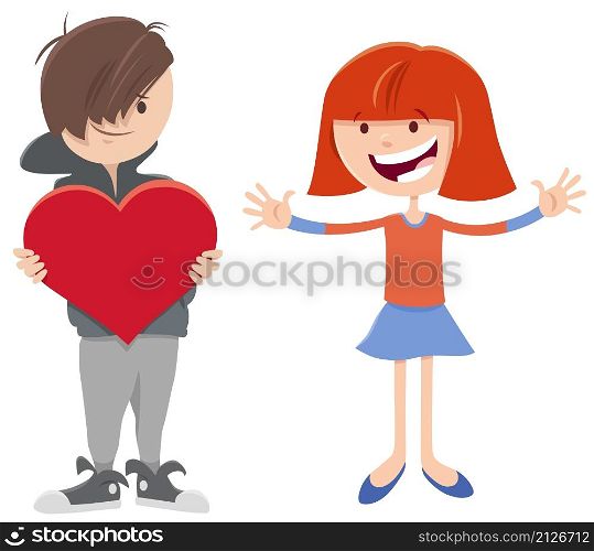 Greeting card cartoon illustration with boy character giving big heart to a girl on Valentines Day