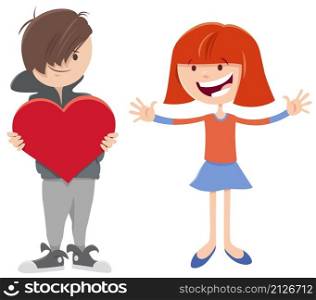 Greeting card cartoon illustration with boy character giving big heart to a girl on Valentines Day