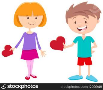 Greeting Card Cartoon Illustration with Funny Girl and Boy Characters with Heart on Valentines Day