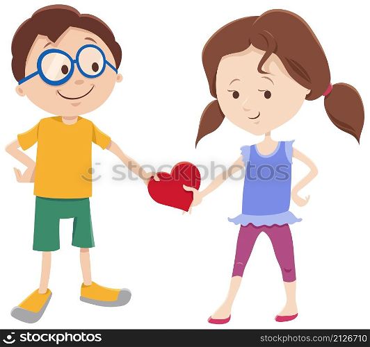 Greeting card cartoon illustration with girl and boy characters with Valentines Day heart