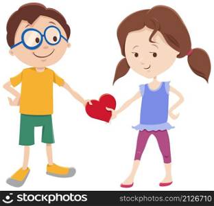 Greeting card cartoon illustration with girl and boy characters with Valentines Day heart