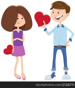 Greeting card cartoon illustration with girl and boy characters with Valentines Day hearts