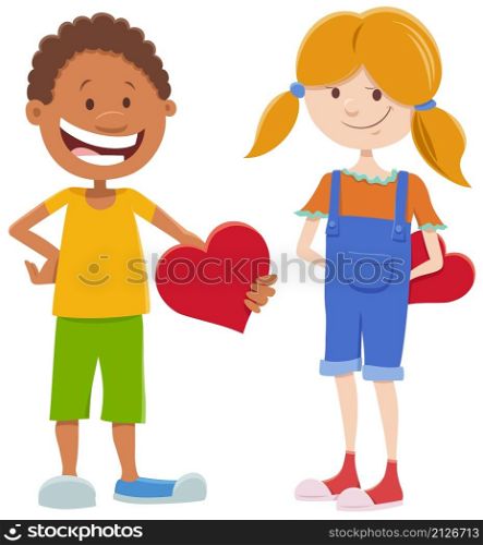 Greeting card cartoon illustration with girl and boy cute characters on Valentines Day