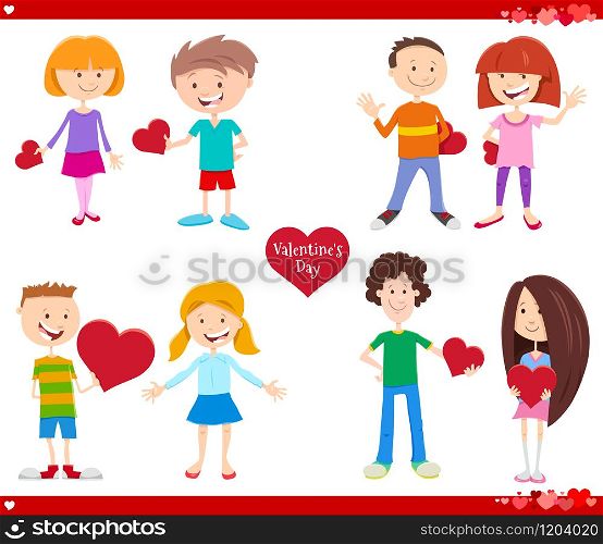 Greeting Card Cartoon Illustration with Girl and Boy in Love with Heart on Valentines Day Holiday Set