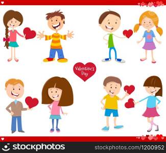 Greeting Card Cartoon Illustration with Girls and Boys Couple in Love with Heart on Valentines Day Set