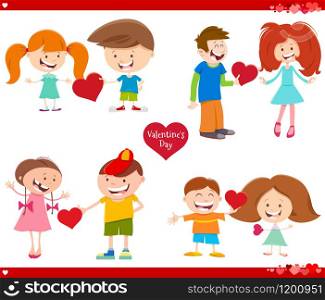 Greeting Card Cartoon Illustration with Girls and Boys in Love with Heart on Valentines Day Set