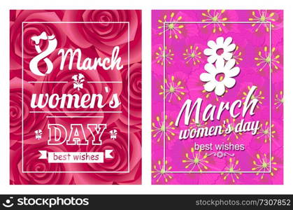Greeting card design 8 March template day postcards with flourish elements, calligraphic inscription on ribbon vector on background with flowers. Greeting Card Design 8 March Womens Day Postcards