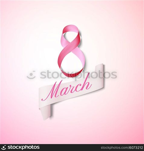Greeting card for 8 March with banner and symbol of pink ribbon. International Womens Day. Vector illustration. Greeting card for 8 March with banner and symbol of pink ribbon. International Womens Day. Vector illustration.