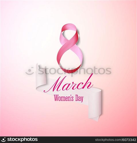 Greeting card for 8 March with banner and symbol of pink ribbon. International Womens Day. Vector illustration. Greeting card for 8 March with banner and symbol of pink ribbon. International Womens Day. Vector illustration.