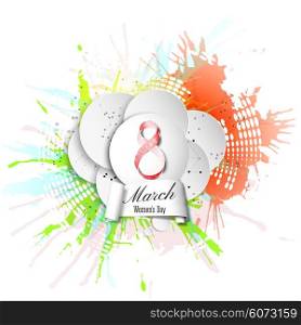 Greeting card for 8 March with banner and symbol of red ribbon. International Women&amp;#39;s Day. Vector illustration.
