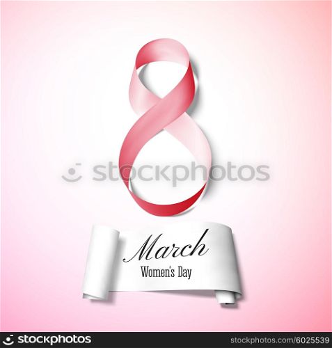 Greeting card for 8 March with banner and symbol of red ribbon. International Womens Day. Vector illustration. Greeting card for 8 March with banner and symbol of red ribbon. International Womens Day. Vector illustration.