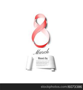 Greeting card for 8 March with banner and symbol of red ribbon. International Womens Day. Vector illustration. Greeting card for 8 March with banner and symbol of red ribbon. International Womens Day. Vector illustration.