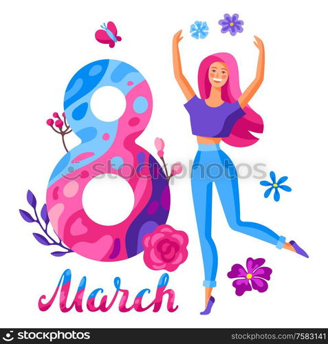 Greeting card for International Womens Day celebration. 8th March background with girl and flowers in trendy style.. Greeting card for International Womens Day celebration.