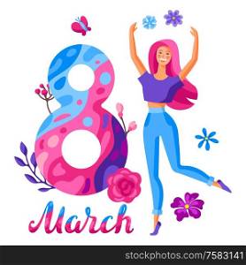 Greeting card for International Womens Day celebration. 8th March background with girl and flowers in trendy style.. Greeting card for International Womens Day celebration.