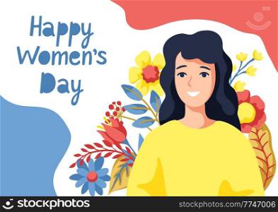 Greeting card for International Womens Day celebration. 8th March background with girl and flowers in cartoon style.. Greeting card for International Womens Day celebration. 8th March background with girl and flowers.