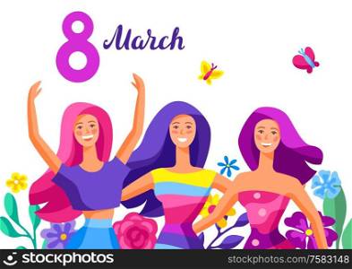 Greeting card for International Womens Day celebration. 8th March background with girls and flowers in trendy style.. Greeting card for International Womens Day celebration.