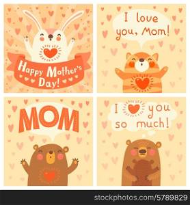 Greeting card for mom with cute animals. Vector illustration.