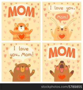Greeting card for mom with cute animals. Vector illustration.