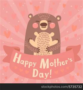 Greeting card for mom with cute bear. Vector illustration.