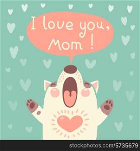 Greeting card for mom with cute puppy. Vector illustration.