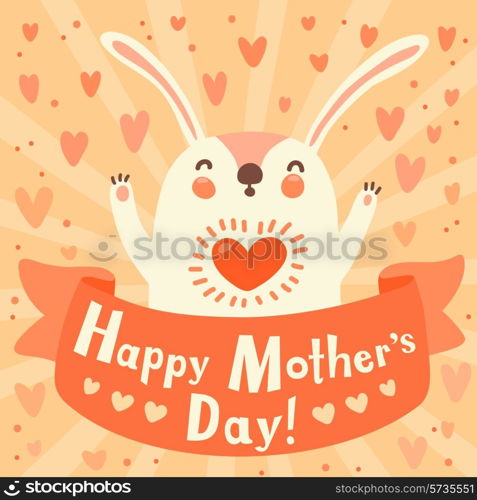 Greeting card for mom with cute rabbit. Vector illustration.