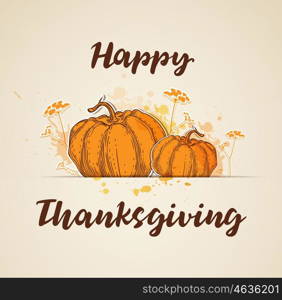 Greeting card for Thanksgiving Day with orange pumpkins and flowers. Vector illustration.