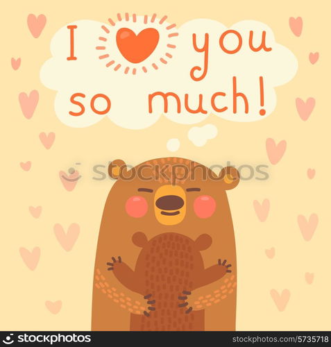 Greeting card for the bear mother and cub cute hug. Vector illustration.