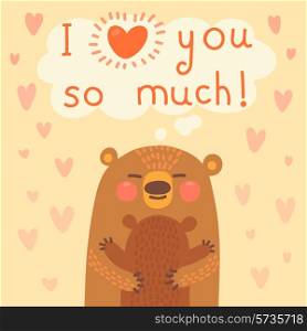 Greeting card for the bear mother and cub cute hug. Vector illustration.