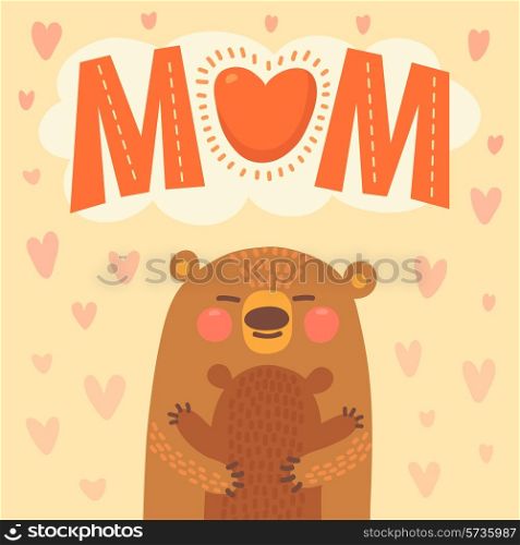 Greeting card for the bear mother and cub cute hug. Vector illustration.