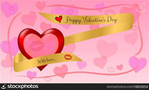 Greeting card for Valentine&rsquo;s Day in pink colors. Red heart and balloons in the form of hearts. Gold ribbon with the inscription. Copy space. Vector illustration.