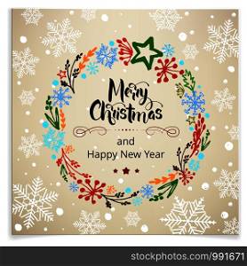 Greeting card Happy new year and Merry Christmas. Decorative New Year's wreath. Lettering Merry Christmas and Happy New Year