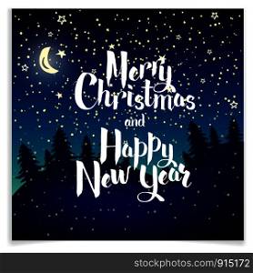 Greeting card Happy new year and Merry Christmas. Decorative New Years wreath. Lettering Merry Christmas and Happy New Year