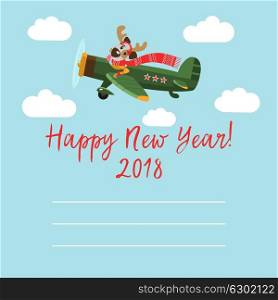 Greeting card. Happy New Year! Cheerful vector illustration. A fun dog character 2018 flying on the plane.