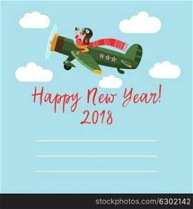 Greeting card. Happy New Year! Cheerful vector illustration. A fun dog character 2018 flying on the plane.