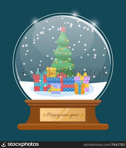 Greeting card Happy New Year with glossy snowball. Snowflakes on fir-tree and present box in glass bulb. Xmas postcard in blue color decorated by snowglobe with traditional gift and wood symbol vector. Happy New Year Greeting Card, Snowball Vector