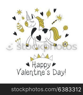 Greeting card happy Valentine&rsquo;s Day. Cute magical unicorn, Pegasus. Hand drawn design.