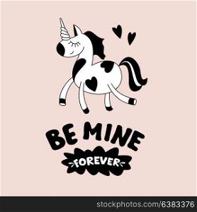 Greeting card happy Valentine&rsquo;s Day. Cute magical unicorn, Pegasus. Hand drawn design. Be my forever.