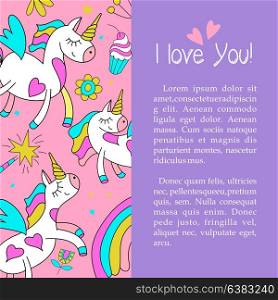 Greeting card happy Valentine&rsquo;s Day. Cute magical unicorn with wings, a rainbow. Vector illustration.