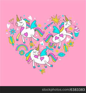 Greeting card happy Valentine&rsquo;s Day. Cute magical unicorns, flowers, cakes, magic wand, stars, rainbow. Set of vector cliparts has the shape of a heart.