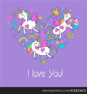 Greeting card happy Valentine&rsquo;s Day. Cute magical unicorns, flowers, cakes, magic wand, stars, rainbow. Set of vector cliparts has the shape of a heart.