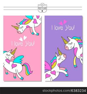 Greeting card happy Valentine&rsquo;s Day. Cute magical unicorns. Vector illustration.