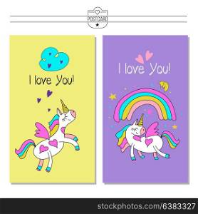 Greeting card happy Valentine&rsquo;s Day. Unicorn and rainbow. Vector illustration.