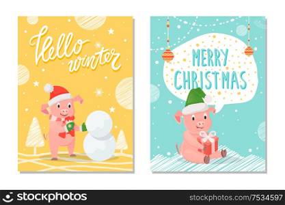 Greeting card hello winter and Merry Christmas with piggy in mittens and scarf making snowman between trees. Smiling pig with hat holding gift box vector. Greeting Hello Winter and Merry Christmas Vector