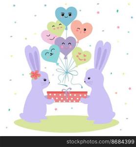 Greeting card. Illustration with cute bunnies, blooming balls. Illustration on a white background. Greeting card. Illustration with cute bunnies, blooming balls. Illustration on a white background.