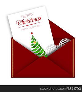 greeting card in red envelope for christmas and new year. Delivery of holiday mail by santa claus. Merry christmas and new year 2021. Realistic vector on white background