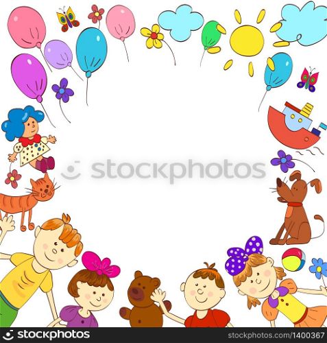 Greeting card, invitation, banner. Frame for your text with doodle set of cute child s life including pets, toys, plants, things for sport and celestial elements. Vector illustration.. Greeting card, invitation, banner. Frame for your text with dood
